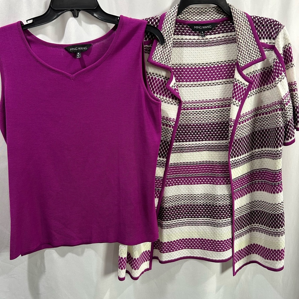 Ming Wang Fuchsia sweater Tank Top and Striped Cardigan Set